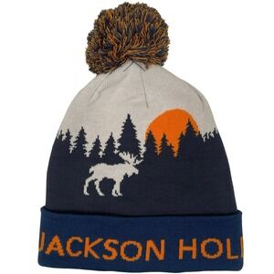 Locale Jackson Hole Beanie Unisex Blue‎ Grey Moose Sunset Pom Pom Knit Hat Lined